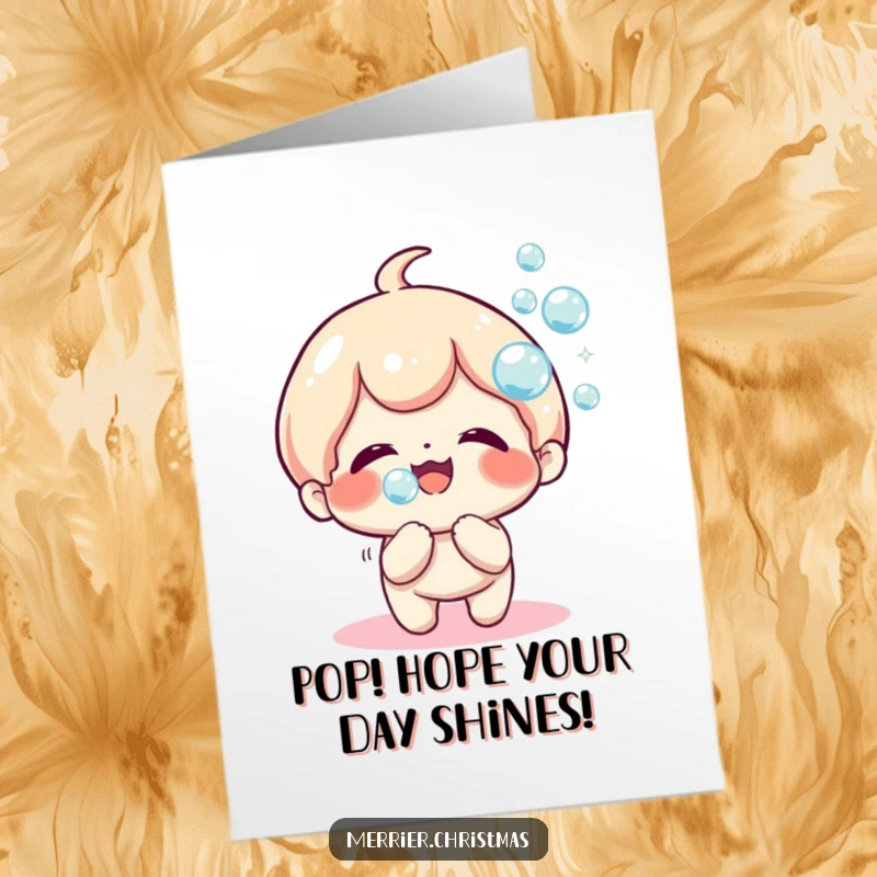 Funny Free Printable Birthday Card: Kawaii character joyfully blowing sparkly bubbles, representing pure celebration, a great DIY gift.