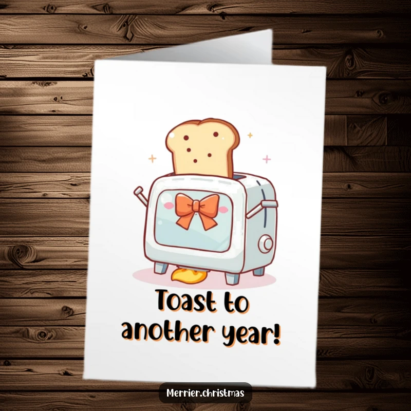 Funny Free Printable Birthday Card with an enthusiastic toaster oven launching toast with a bow, festive fun.