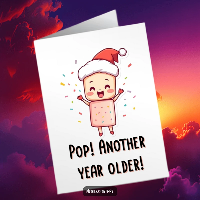 Funny free printable birthday card featuring a Christmas cracker character exploding with confetti and pure joy.