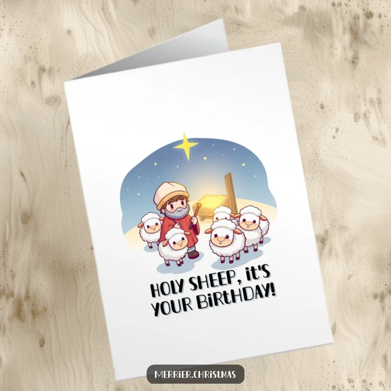 Funny Free Printable Birthday Card featuring a kawaii shepherd leading fluffy sheep, ready to deliver birthday cheer with a smile.