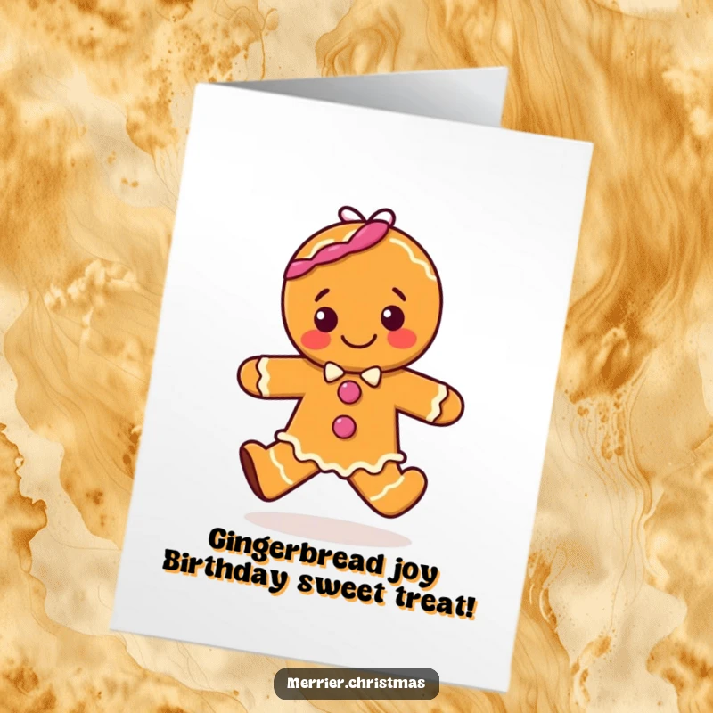 Funny Free Printable Birthday Card: A cheerful gingerbread character mid-hop with joy, frosting details intact and a big smile.