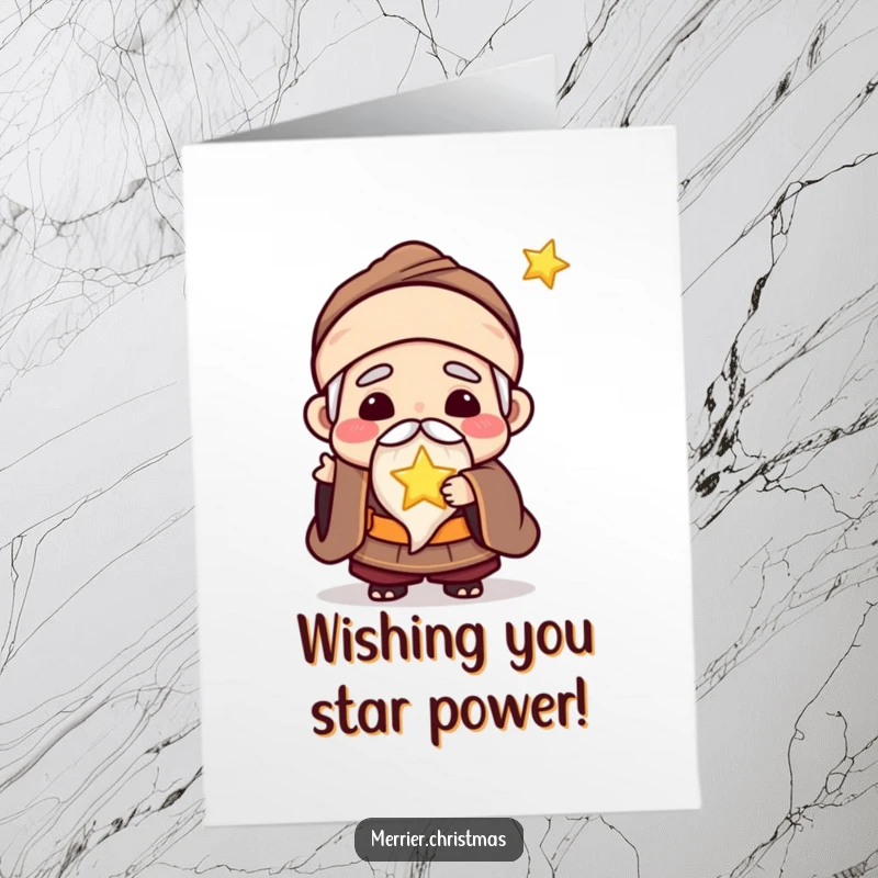 Funny Free Printable Birthday Card: Kawaii wise man joyfully offering a tiny, glowing star with a warm smile.