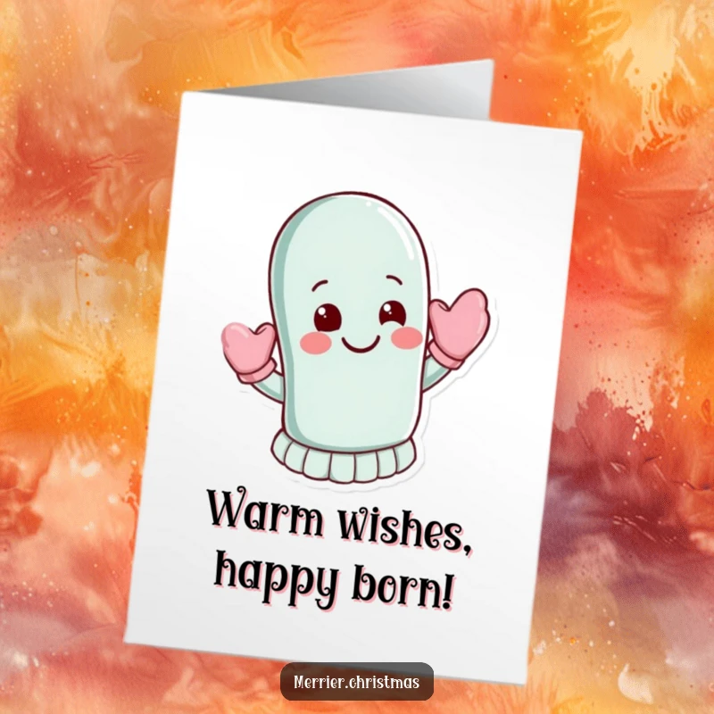 Friendly Free Printable Birthday Card of a mitten character waving energetically with a smile, a fun DIY gift.