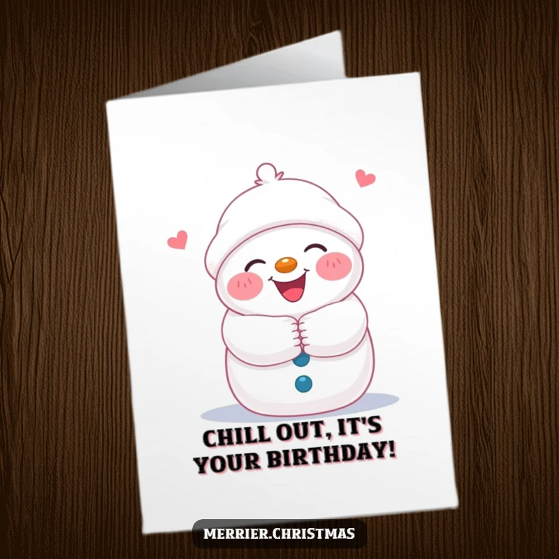 Funny Free Printable Birthday Card featuring a joyful snowman with rosy cheeks, extending a warm hug, ready to celebrate good times.