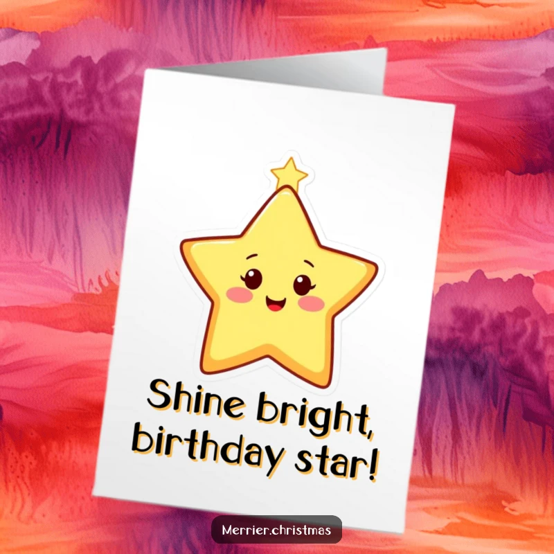 Funny free printable birthday card featuring a happy Christmas star character twinkling brightly, sending stellar wishes.