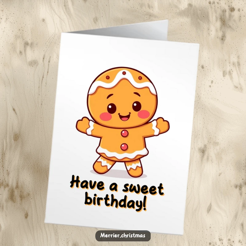 Funny Free Printable Gingerbread Man Birthday Card, smiling and dancing with icing details.