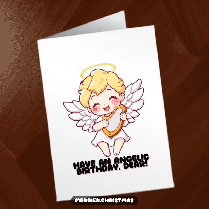 Funny Free Printable Birthday Card featuring a smiling angel with feathered wings, playing a tiny harp, sending joyful birthday tunes.