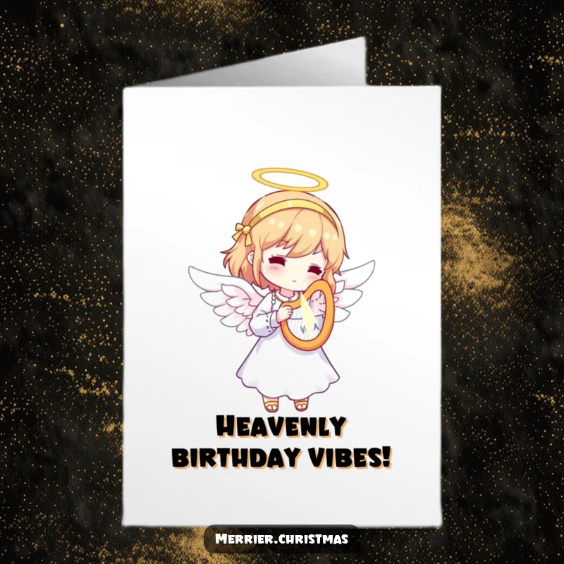 Funny free printable birthday card featuring an angelic character strumming a tiny, radiant harp, bestowing birthday blessings with a smile.