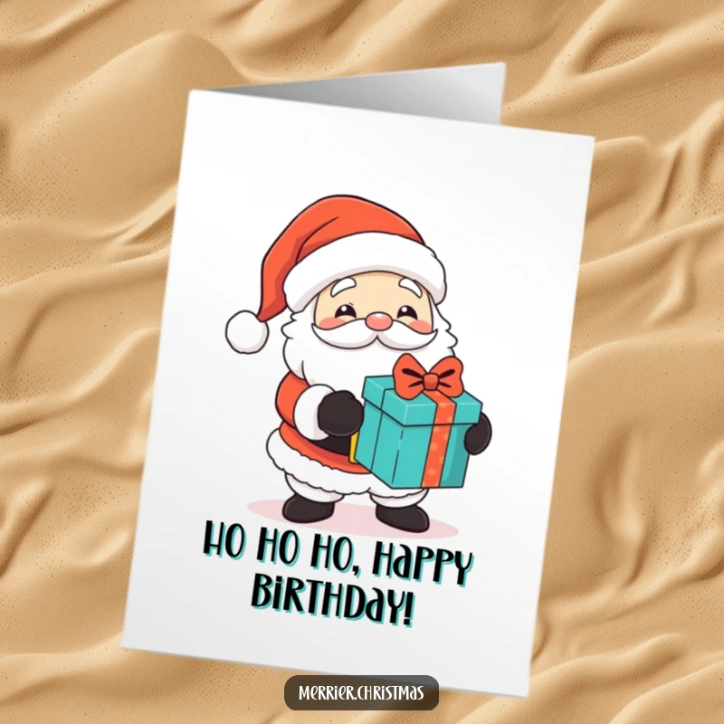 Funny Free Printable Birthday Card: A cute Santa character with a twinkle, handing out gifts with a mischievous and joyful expression.