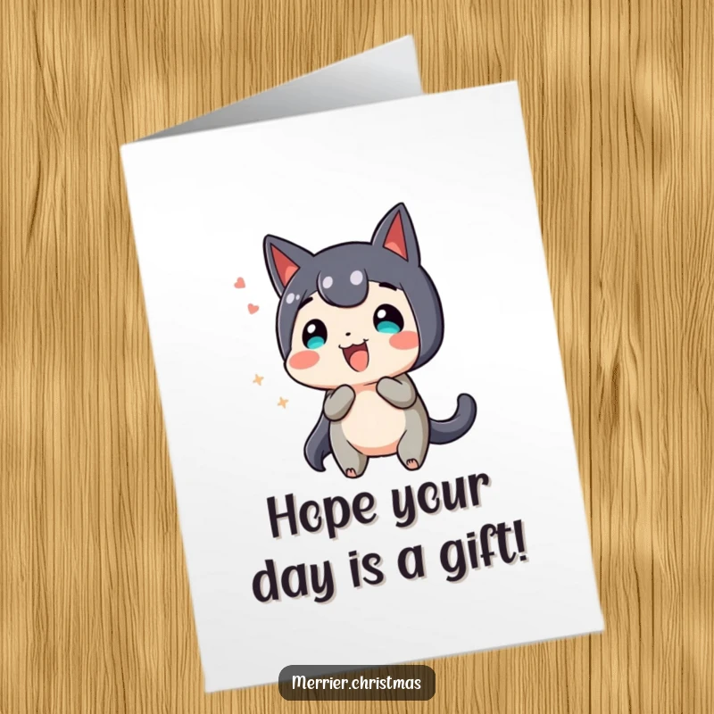 Funny Free Printable Birthday Card: Adorable present character wiggling with excitement, ready to celebrate your special day.