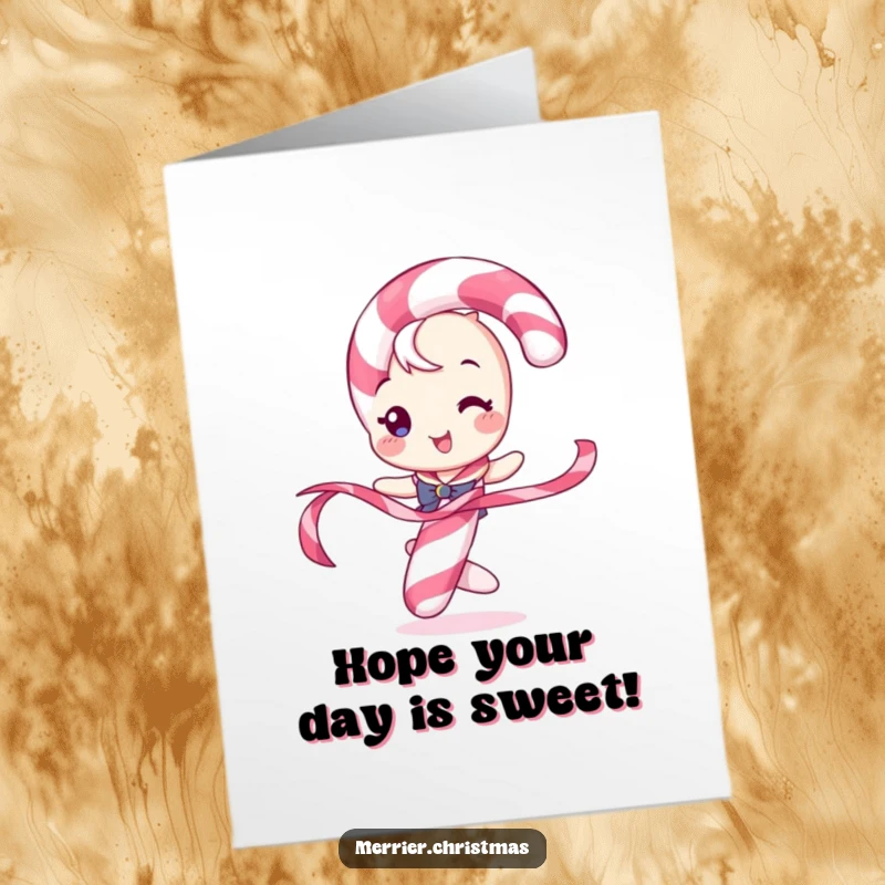 Funny Free Printable Birthday Card: A candy cane character playfully twirls a colorful ribbon with a smile.