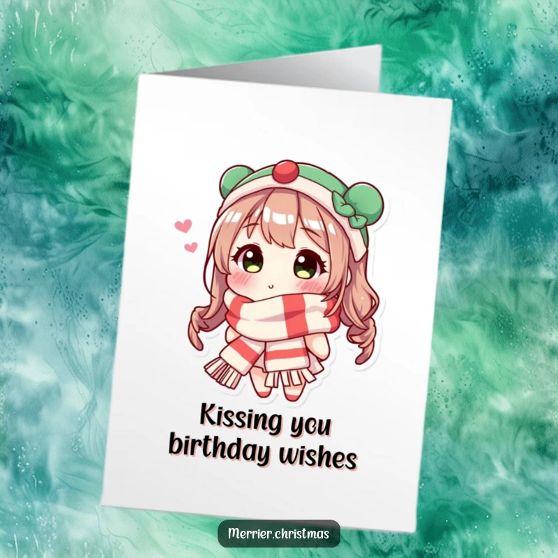 Funny Free Printable Birthday Card: A character in a festive scarf blowing a kiss, perfect for a downloadable gift.