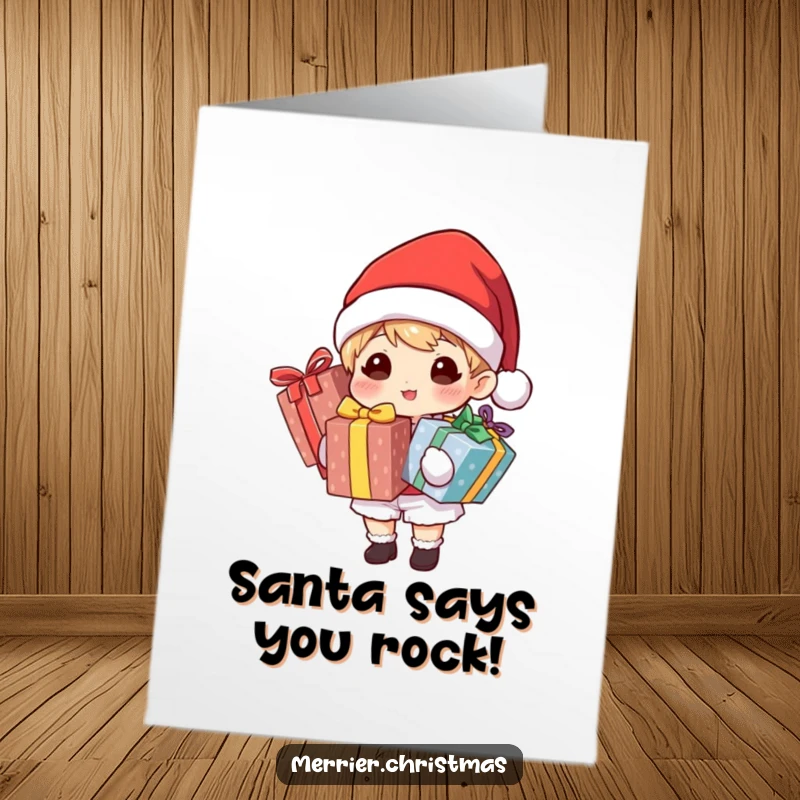 Funny Free Printable Birthday Card with a Santa-hatted character holding many brightly wrapped gifts, bringing festive birthday joy.