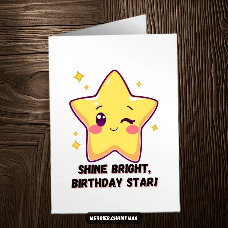 Funny Free Printable Birthday Card: a bright, kawaii star character winks playfully, sending wishes for a stellar celebration and lots of laughs.