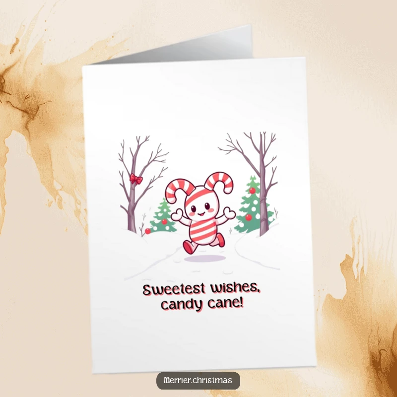 Funny Free Printable Birthday Card featuring a kawaii candy cane character happily hopping on a snowy path, spreading festive cheer.