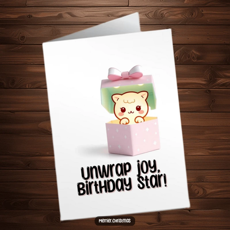 Funny Free Printable Birthday Card: a kawaii gift box bursts open, revealing a tiny, twinkling light of celebration and joy.