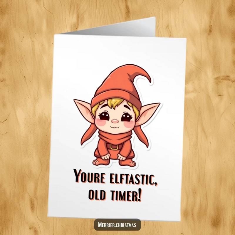 Funny Free Printable Birthday Card featuring a kawaii elf in a pointy hat, making a completely silly face, ready to party.