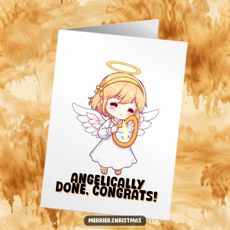 Funny free printable congratulations card of an angel playing a tiny, radiant harp, announcing good news with heavenly grace.