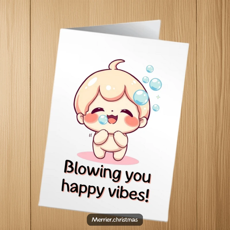 Funny Free Printable Congrats Card: Kawaii character blowing a stream of sparkly bubbles with pure joy, perfect for celebrating achievements, downloadable art.