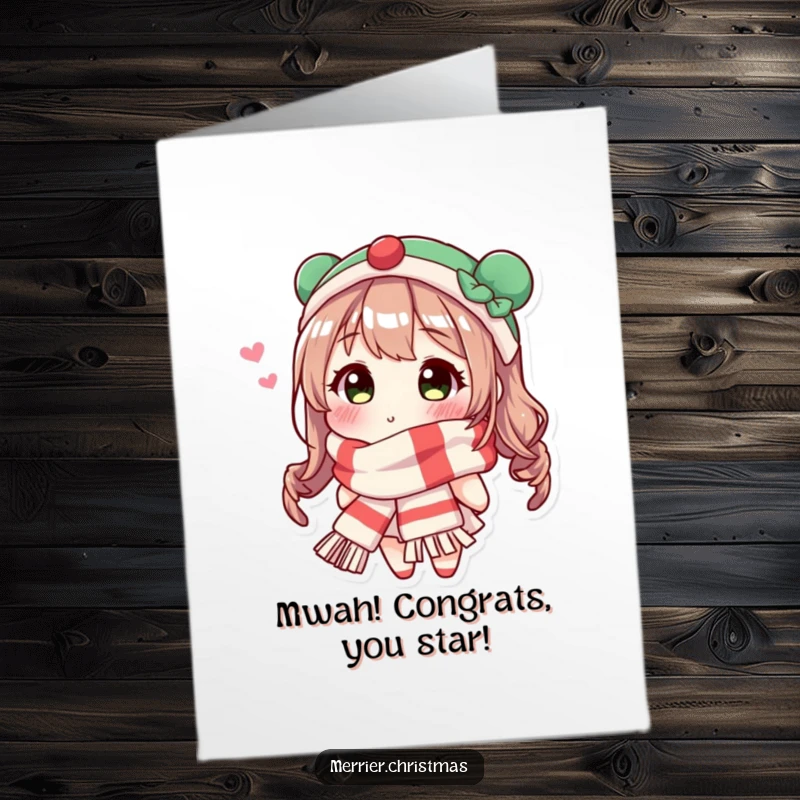 Funny Free Printable Congratulations Card: A character in a festive scarf blowing a kiss to congratulate, a perfect downloadable gift.