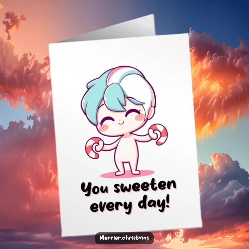 Funny Free Printable Congratulations Card: Stylized candy cane character bending playfully, conveying cheerful celebratory vibes.