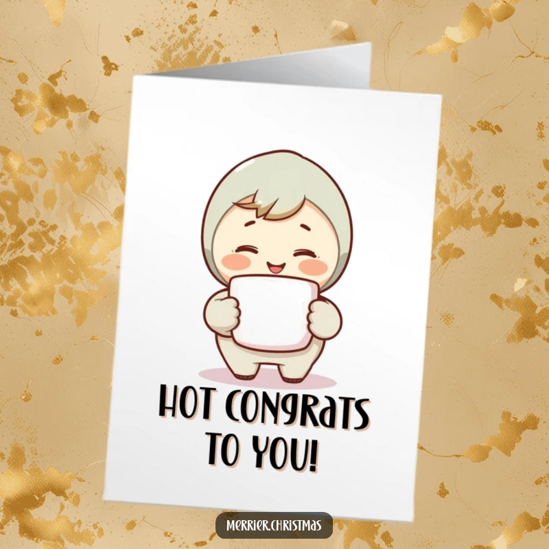 Funny Free Printable Congratulations Card: A character with a steaming mug smiling warmly to congratulate, a perfect downloadable gift.