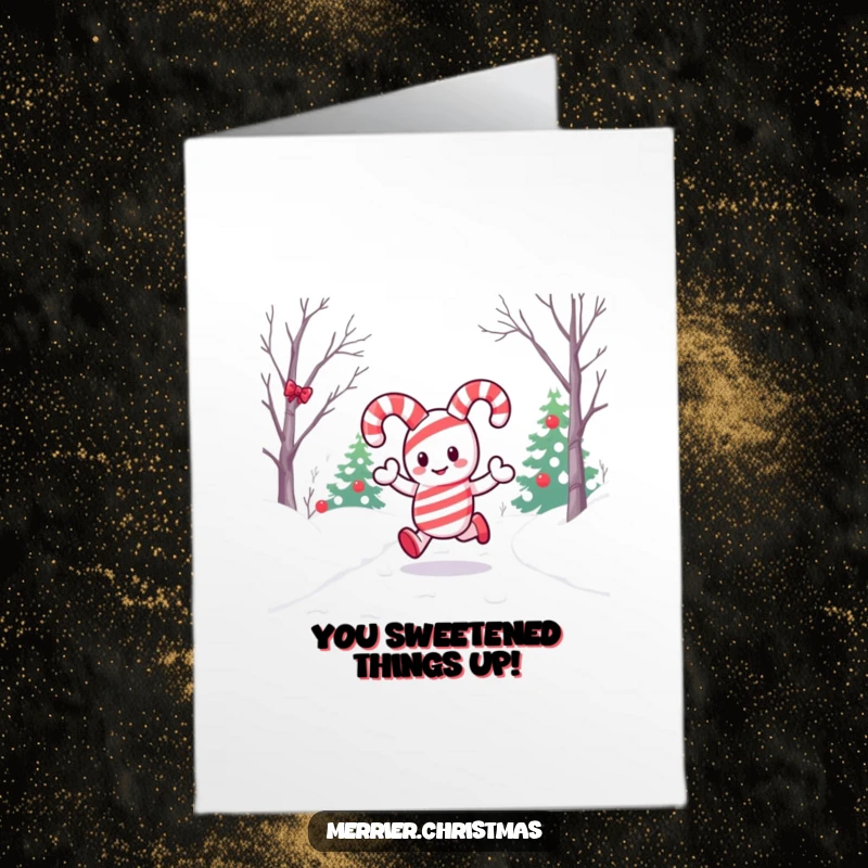 Funny Free Printable Congratulations Card showing a kawaii candy cane character joyfully hopping down a snowy path, perfect for celebrating success.