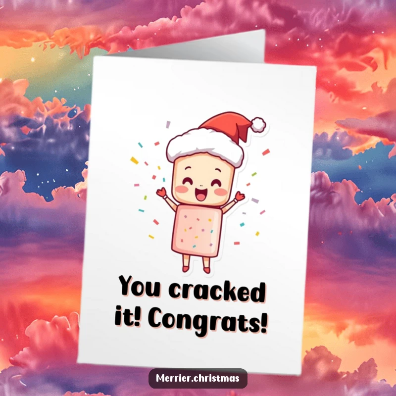 Funny free printable congratulations card with a Christmas cracker character bursting with confetti and celebratory glee.