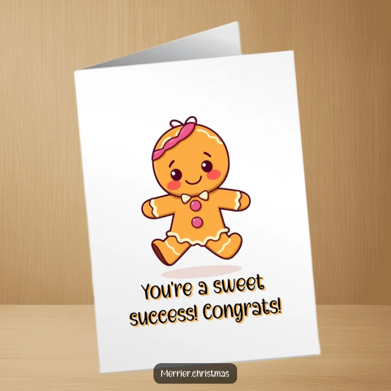 Funny Free Printable Congratulations Card: A gingerbread character performing a happy hop, conveying excitement and celebration.