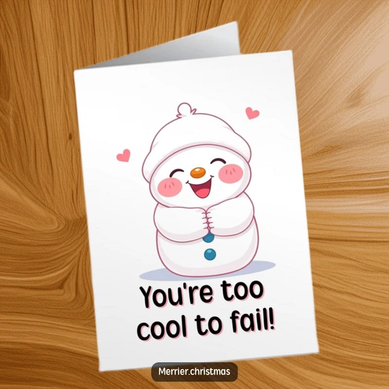 Funny Free Printable Congratulations Card of a joyful snowman with rosy cheeks offering a warm hug, perfect for celebrating success.