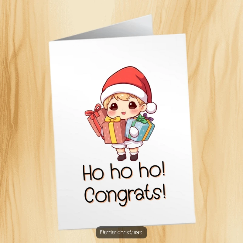 Funny Free Printable Congratulations Card showing a character in a Santa hat holding multiple brightly wrapped gifts, celebrating generously.