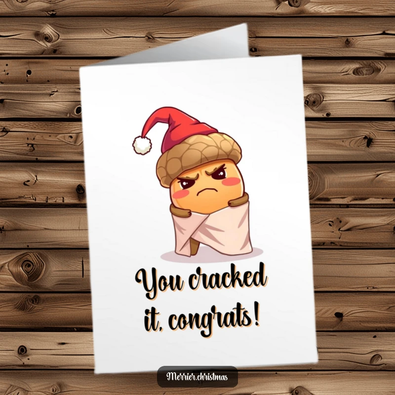 Funny Free Printable Congratulations Card showing a grumpy acorn failing to wrap a gift, relatable humor.
