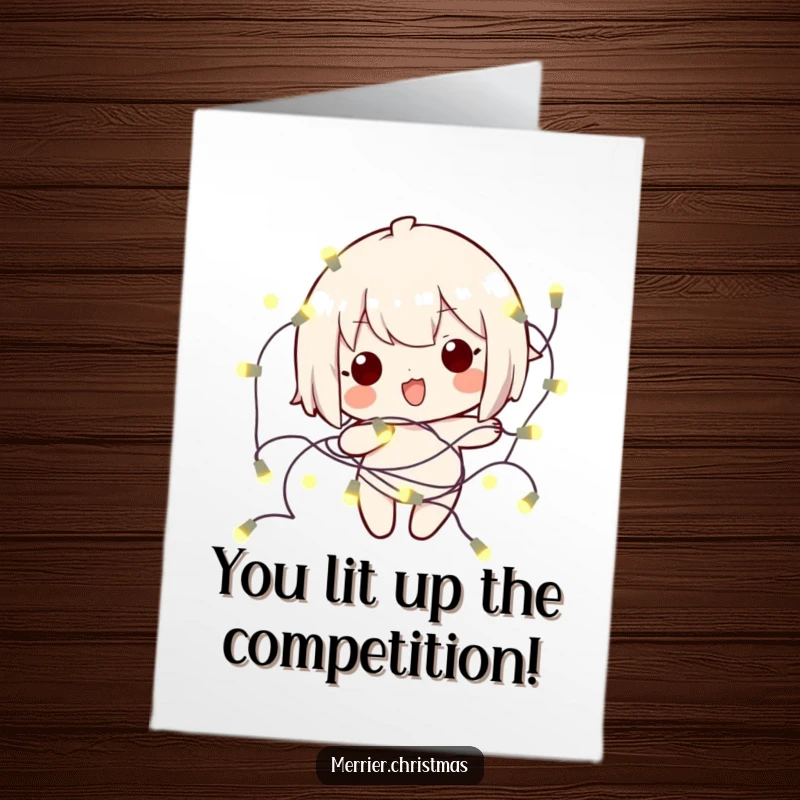 Funny Free Printable Congratulations Card: A kawaii character is playfully entangled in glowing lights, celebrating a bright achievement.