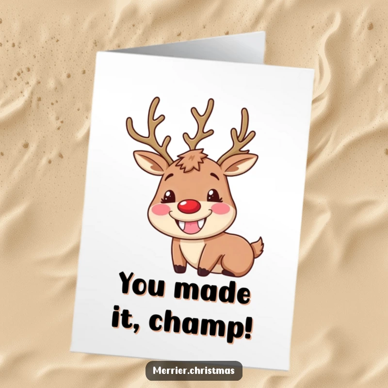 Funny free printable congratulations card with a wide-grinned reindeer, rosy cheeks, and festive spirit, celebrating big moments.