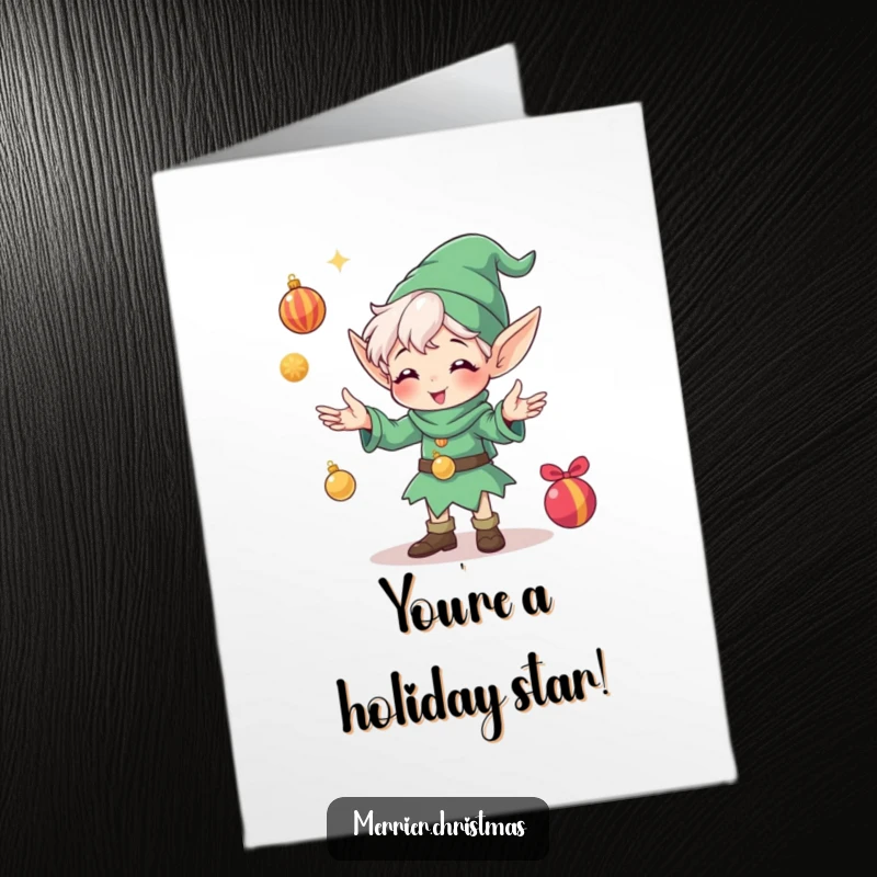 Funny Free Printable Congratulations Card: An energetic elf joyfully juggling multiple shiny ornaments, celebrating an achievement.