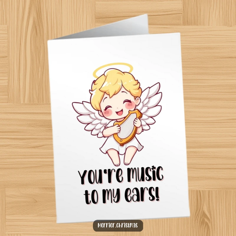 Funny Free Printable Congratulations Card of a smiling angel with feathered wings playing a harp, conveying divine approval and joy.