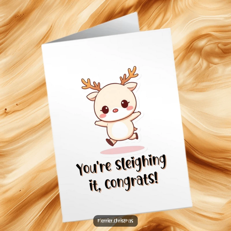 Funny Free Printable Congrats Card: Kawaii character in reindeer antlers doing a happy skip, perfect for spreading congratulations with humor, downloadable art.