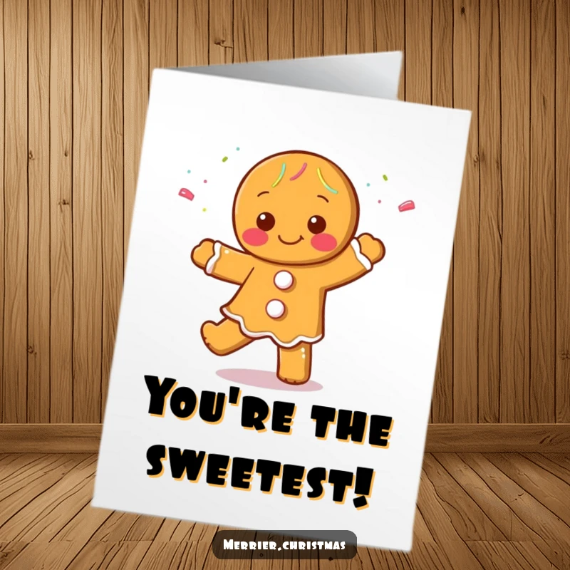 Funny free printable congratulations card featuring a jubilant gingerbread character dancing amongst a shower of colorful sprinkles.