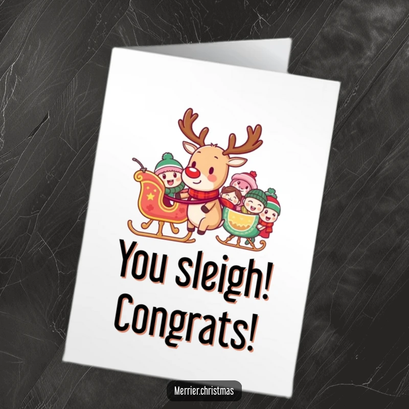 Funny Free Printable Congratulations Card: A reindeer character pulling a sleigh packed with laughing characters, celebrating achievements with infectious merriment.