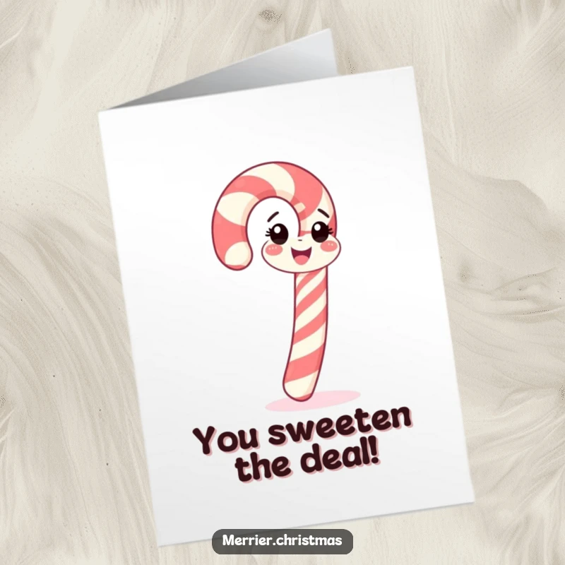 Funny Free Printable Congrats Card: Happy candy cane doing a cheerful spin to celebrate a win.