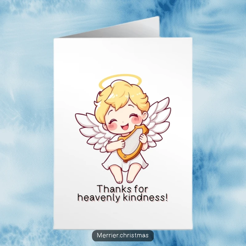 Funny Free Printable Thank You Card featuring a smiling angel with feathered wings, playing a tiny harp, sending sweet thanks.