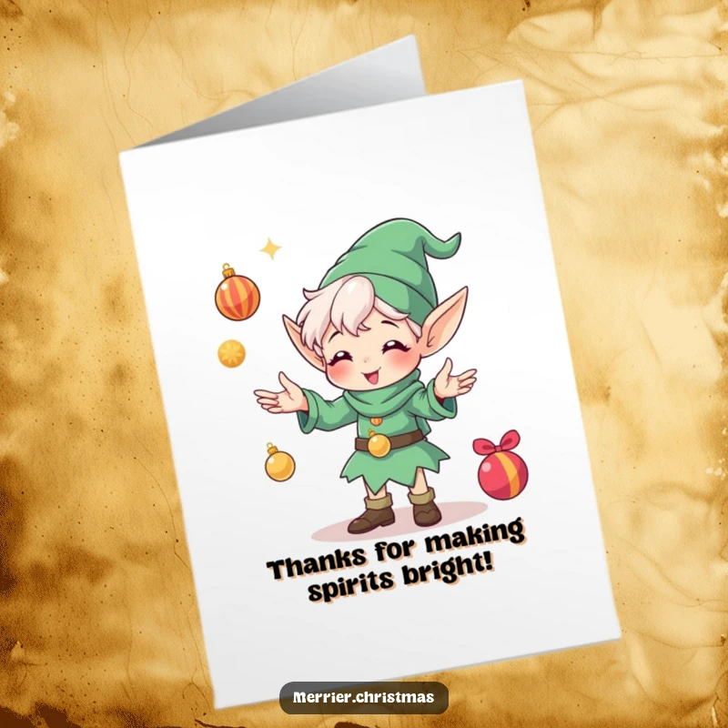 Funny Free Printable Thank You Card: An elf character gleefully juggling shiny ornaments, expressing heartfelt gratitude.
