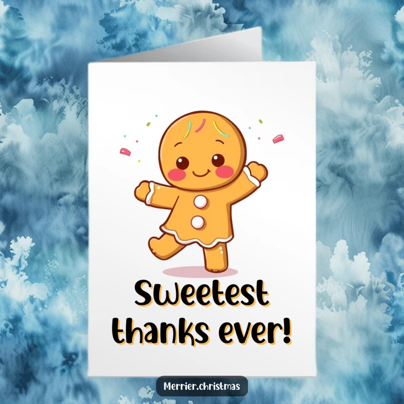 Funny free printable thank you card with a cheerful gingerbread character doing a sprinkle-filled dance, showing appreciation with sweetness.