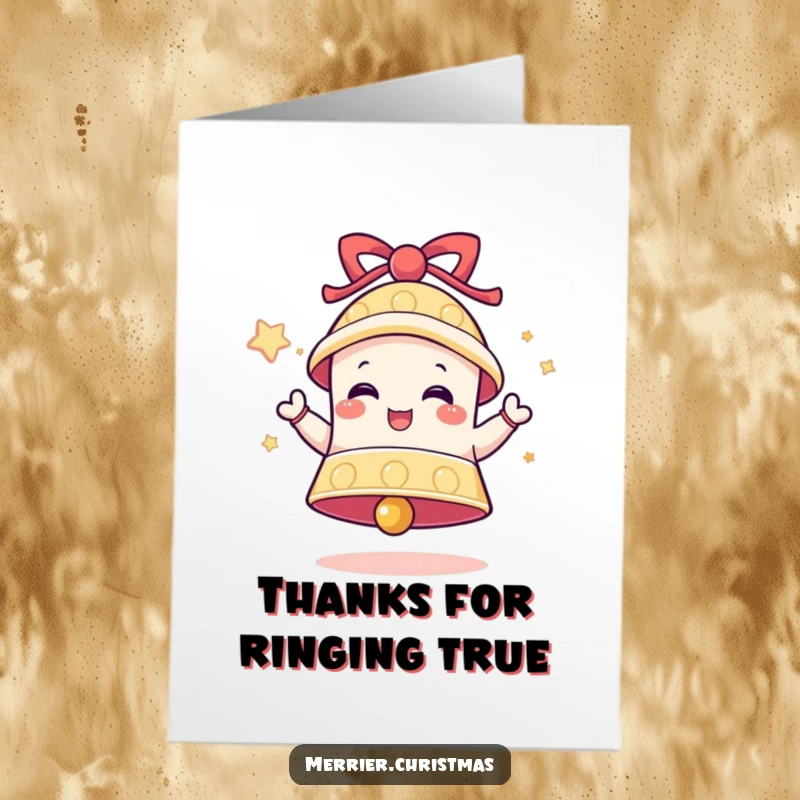 Funny Free Printable Thank You Card: A festive bell character ringing with delight to express thanks, a perfect downloadable gift.