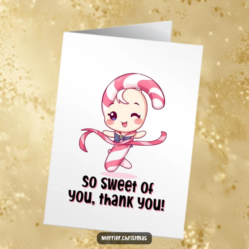 Funny Free Printable Thank You Card: A candy cane character is shown playfully twirling a ribbon.