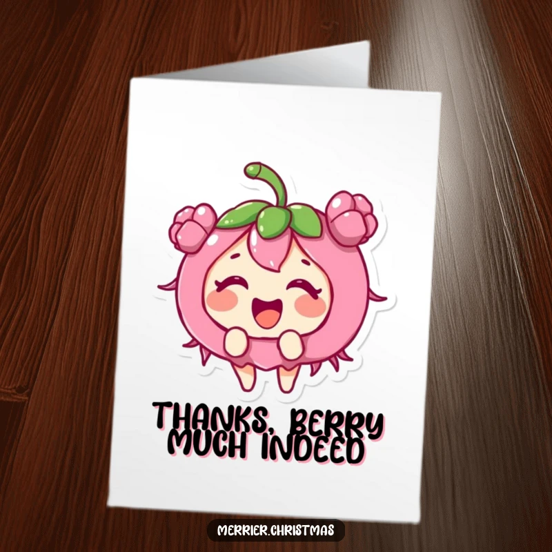 Funny Free Printable Thank You Card: A holly berry character giggling with infectious excitement, showing heartfelt thanks.