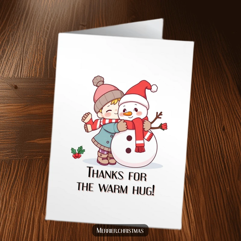 Funny Free Printable Thank You Card: A kawaii character embraces a festive snowman in a warm hug, conveying thanks.