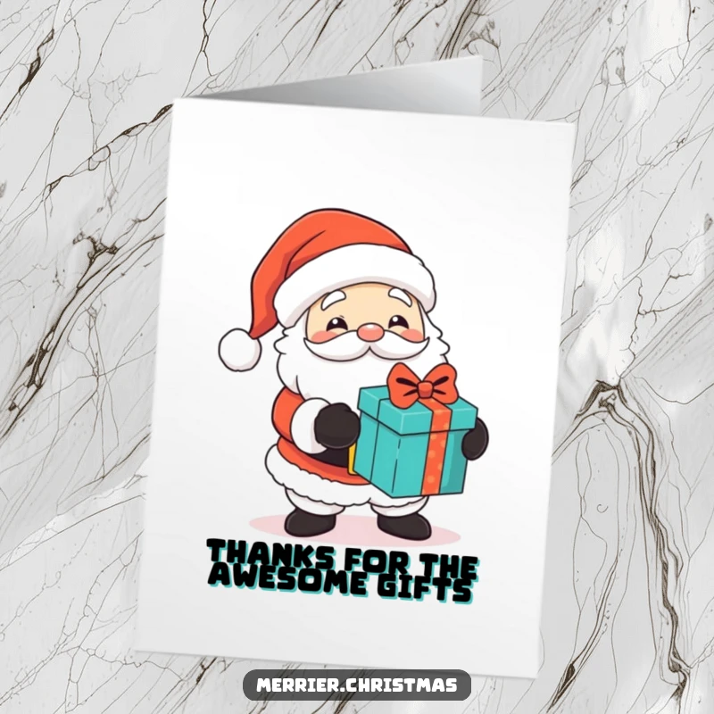 Funny Free Printable Thank You Card: A cute Santa character with a knowing twinkle, handing out gifts as a symbol of heartfelt thanks.