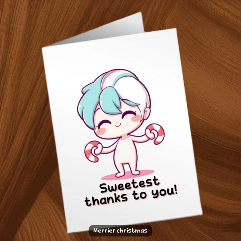 Funny Free Printable Thank You Card: A stylized candy cane character bending playfully, expressing sweet thanks.