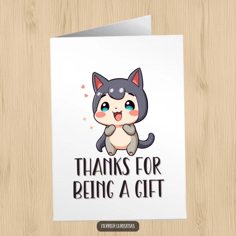 Funny Free Printable Thank You Card: Cute present character wiggling with glee, sending thanks with a joyful bounce.